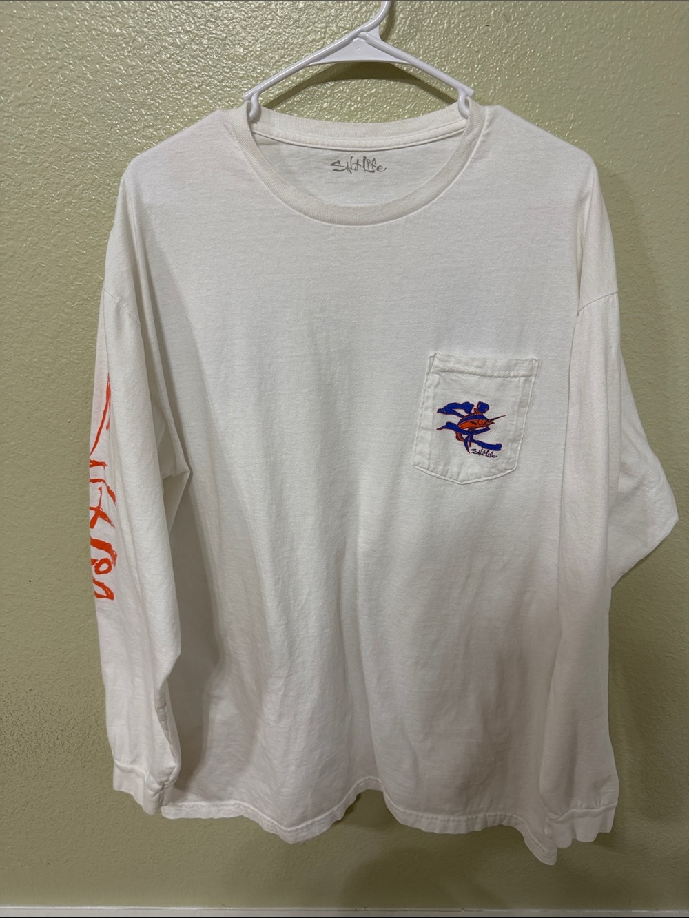 Salt Life White Long-Sleeve Pocket Tee with Orange Sleeve Script